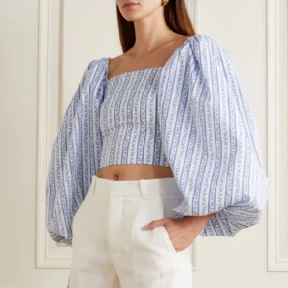 CAROLINE CONSTAS Carter Off The Shoulder Printed Cotton Blend Poplin Top Medium - Picture 2 of 11